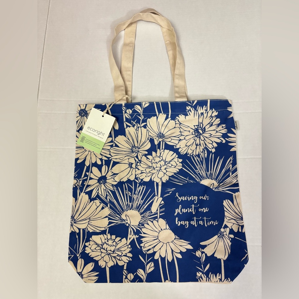 New! Eco Right Reusable Canvas Tote Bag With Zipper Blue Flowers